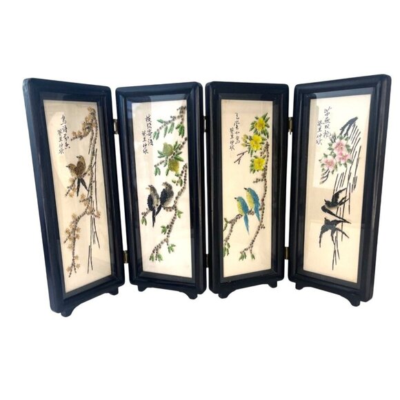 Japanese Asian 4 Panel Folding Screen Art Table Top Wall Hanging Shell Art Birds - Picture 1 of 12